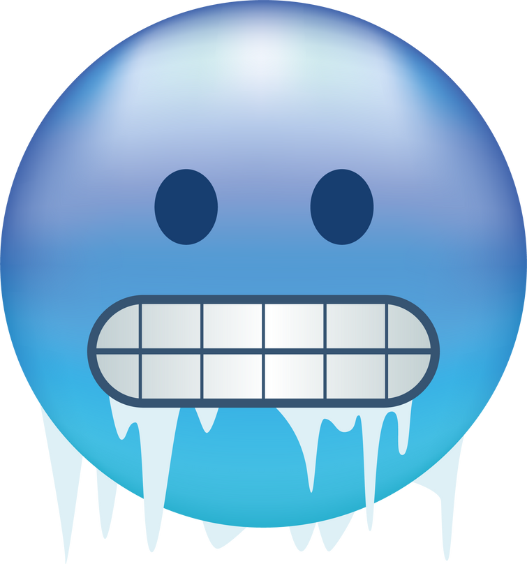 Cold emoji. Freezing emoticon, icy blue face with gritted teeth, icicles and snow cap